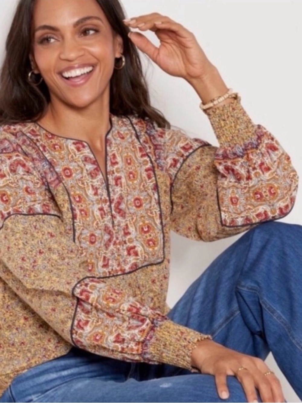 Evereve Eva Mixed Floral Mustard and Red Paisley Split-Neck Peasant Tunic Large